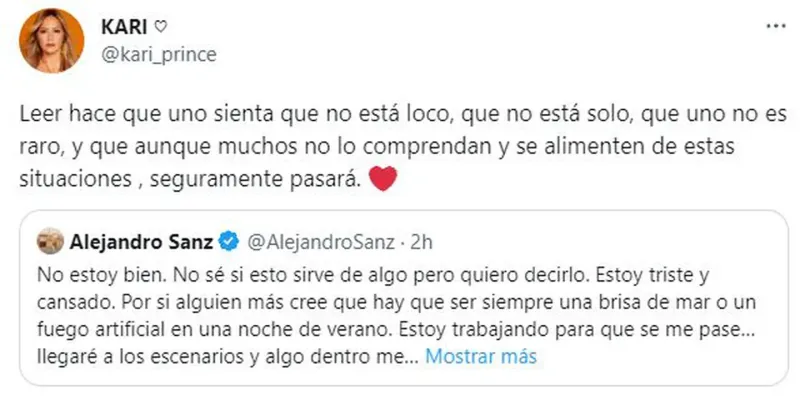 El tuit de Karina La Princesita en apoyo a Alejandro Sanz