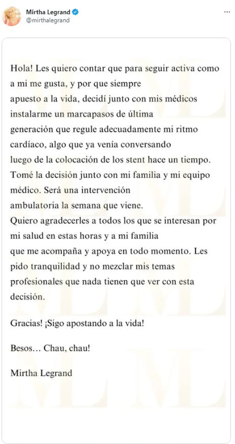 El tuit de Mirtha Legrand en el que la conductora comunica la decisión de operarse