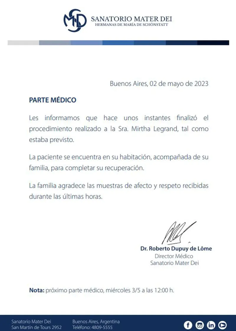 Parte médico de Mirtha Legrand.