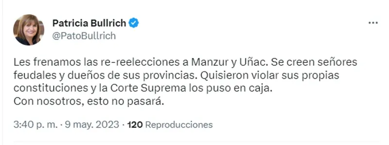 El mensaje de Patricia Bullrich tras conocerse los dos fallos de la Corte Suprema