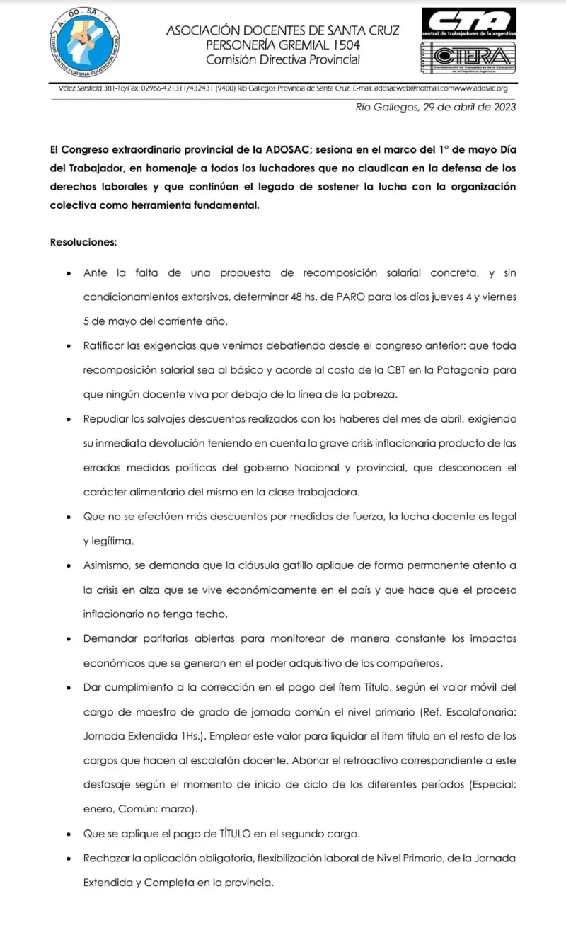  Estos son algunos de los pedidos que los docentes le hacen al gobierno de Alicia Kirchner 