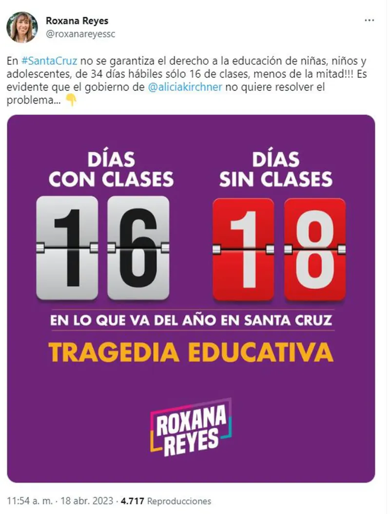  El tuit de la diputada Reyes en el que denuncia una ”tragedia educativa” en Santa Cruz 