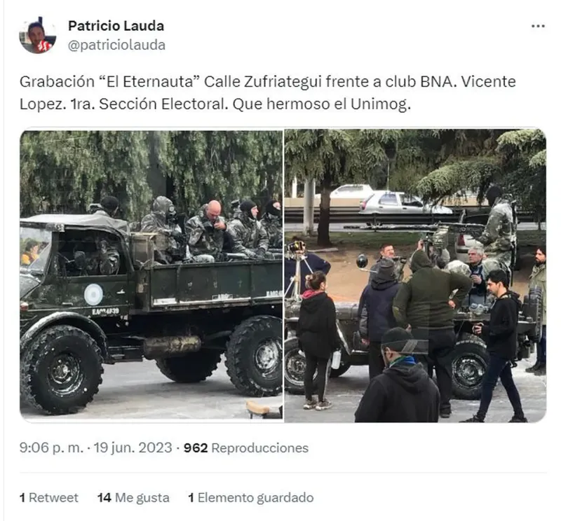 Las fotos que capturó un usuario de Twitter en las que se ven camiones con militares dentro de la producción de ”El eternauta”. (Foto: Twitter/patriciolauda)