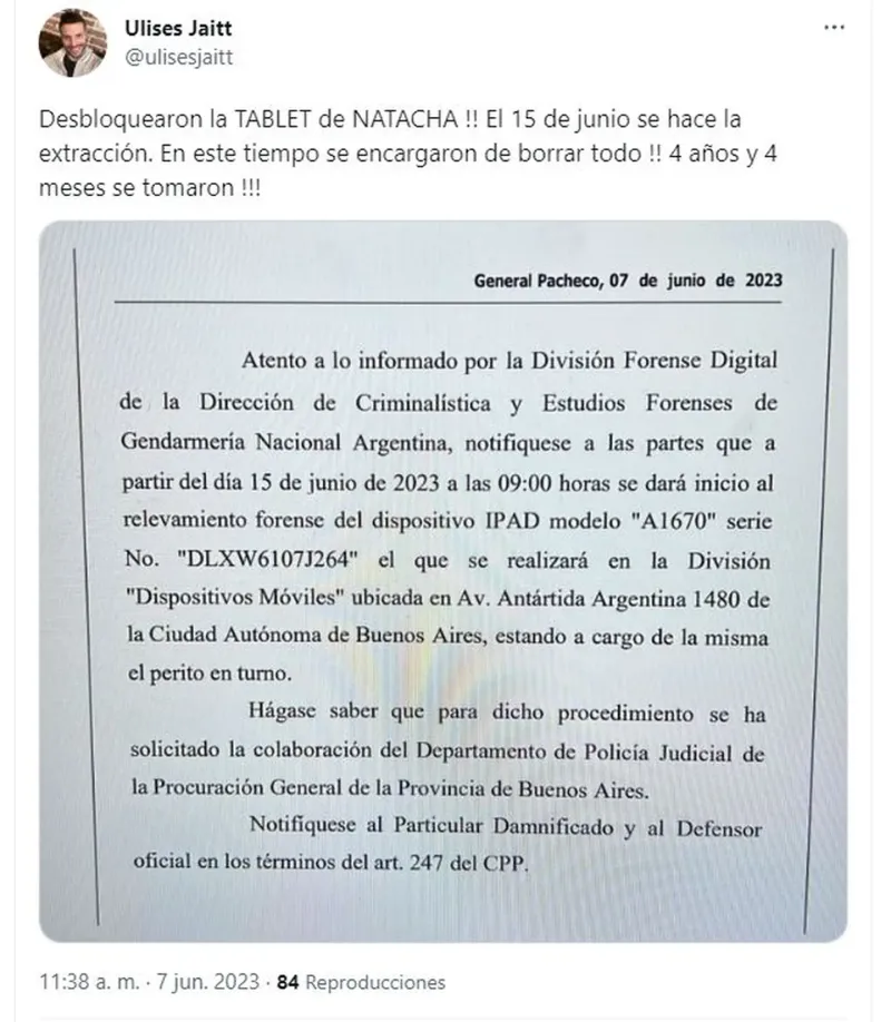 Ulises Jaitt anunció que lograron abrir el Ipad de Natacha