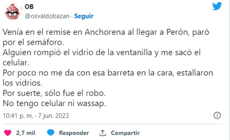  Osvaldo Bazán sufrió un violento robo en un remís (Twitter)