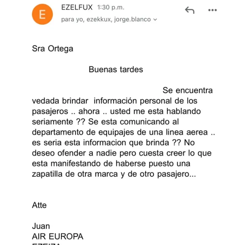 Respuesta que recibió Josefina de parte de Air Europa