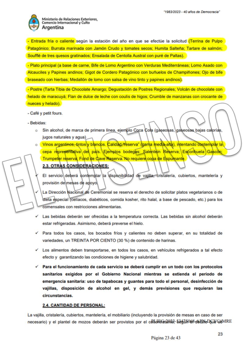  Catering Categoría Cancillería y Secretarios de Estado