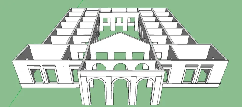  Plano en 3D de cómo pudo haber sido la estructura y distribución del Hotel Mar del Sud. Realizado a partir de las fotografías y testimonios. (Archivo: P. Grigera)