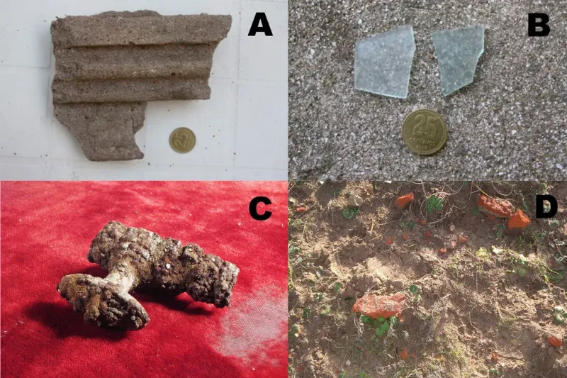  Varias piezas pertenecientes al Hotel Mar del Sud encontradas en el sitio. A) Restos de molduras. B) Cristales. C) Falleba del siglo XIX probablemente de fabricación francesa o inglesa. D) Trozos de ladrillo sobre el terreno