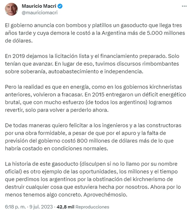 El expresidente cruzó al Gobierno por el gasoducto. (Foto: captura Twitter / @mauriciomacri)