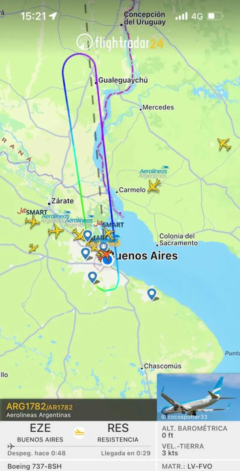 Así fue el recorrido del avión de Aerolíneas Argentinas que tuvo que volver a Aeroparque. 