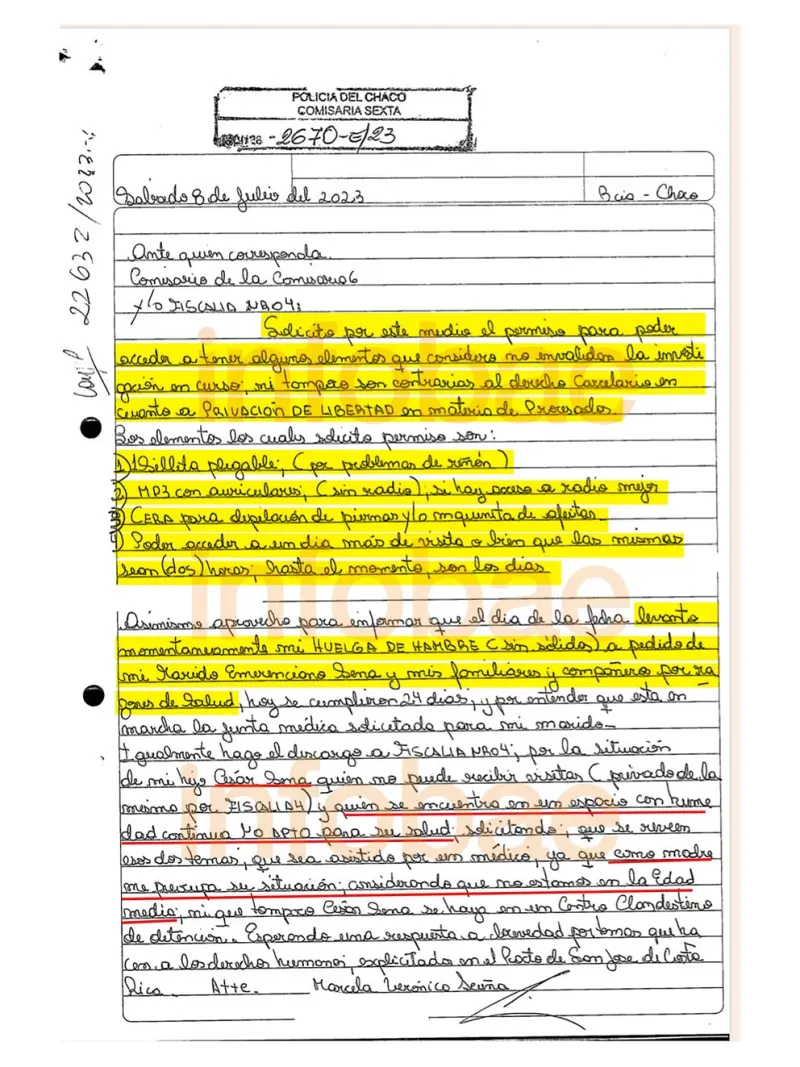  La nueva carta de Marcela Acuña donde pide, entre otras cosas, una ”sillita plegable”