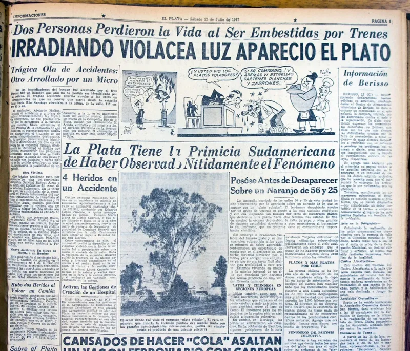  La tapa del diario El Plata del sábado 12 de julio de 1947. El título principal y las tres fotos las acapara el avistamiento de un plato volador, el primero en ser visto en el territorio nacional