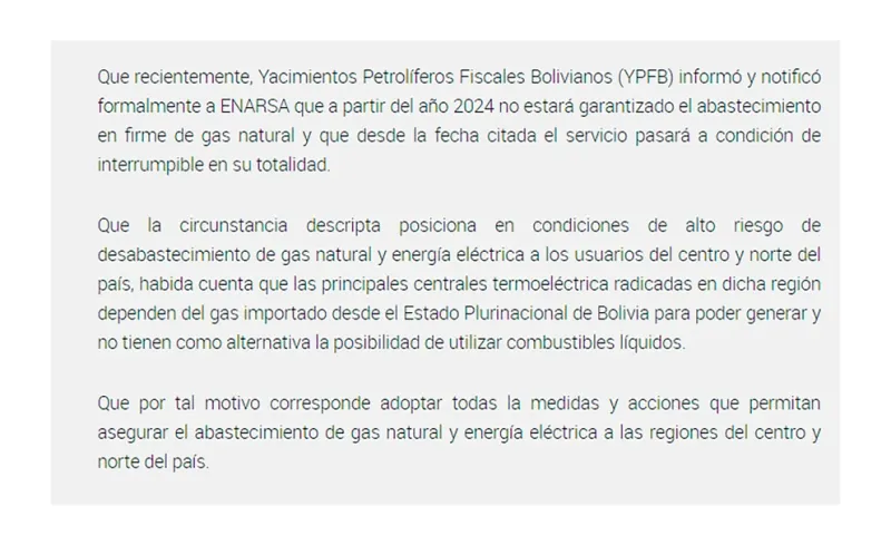  Los considerando de la Resolución de Energía que advierten sobre el riesgo de desabastecimiento de luz y gas