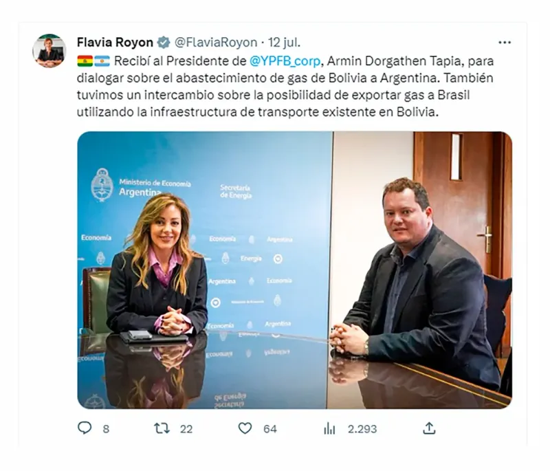  El 12 de julio pasado la secretaria de Energía, Flavia Royón, recibió al titular de YPFB, Armin Dorgathen. Tuiteó sobre la posibilidad de exportar gas a Brasil vía gasoductos bolivianos, pero en el país trasandino ya hay oposición a esa posibilidad