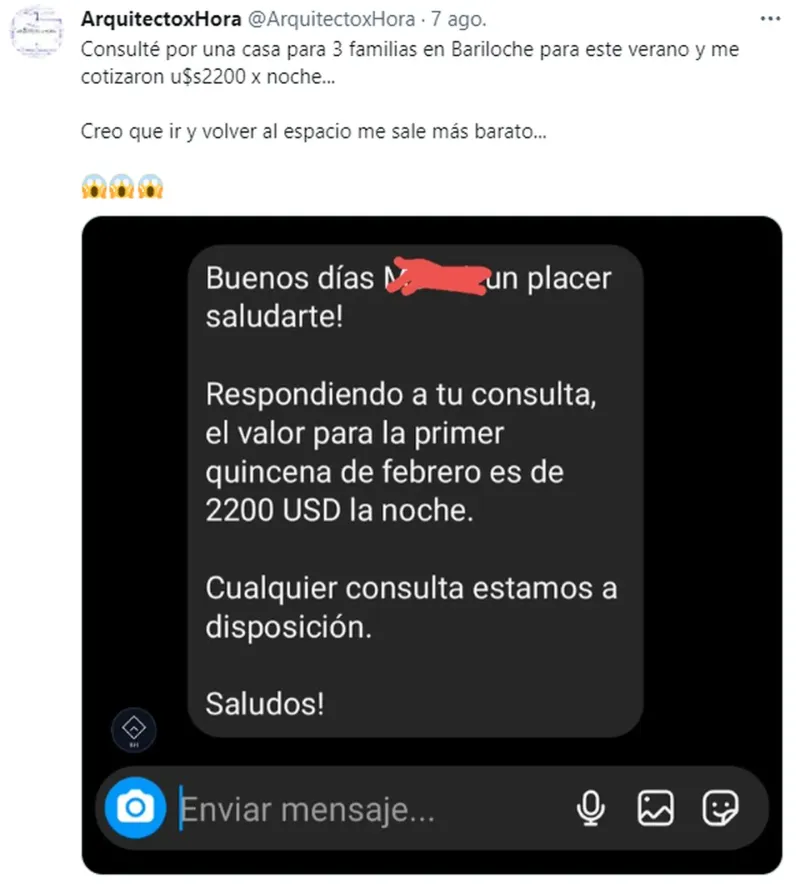 El tuit que publicó el hombre que buscaba alquilar la casa en Bariloche (Captura Twitter @ArquitectoxHora).