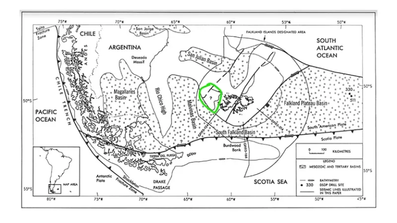  El mapa incluido en un paper inglés de 1995. Ubica un signo de interrogación en la zona anómala cercana a Malvinas