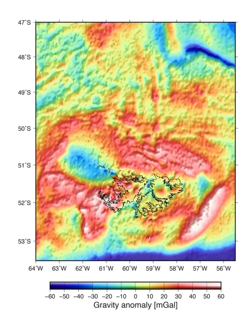  El mapa de anomalías gravimétricas compartido por Dietmar Müller. Muestra un posible cráter de impacto al lado de Malvinas