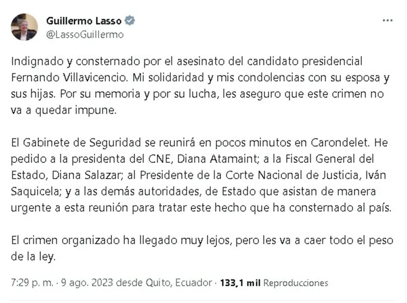 El mensaje del presidente de Ecuador, Guillermo Lasso, tras el asesinato de Fernando Villavicencio. (Foto: Twitter/@lassoguillermo)