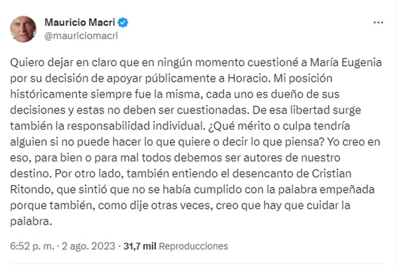 El expresidente aclaró su postura sobre el apoyo de Vidal a Larreta. (Foto: @mauriciomacri)