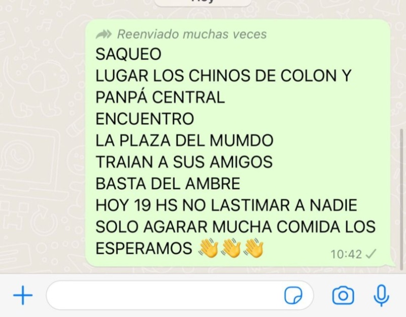  El mensaje que circulaba en Whatsapp