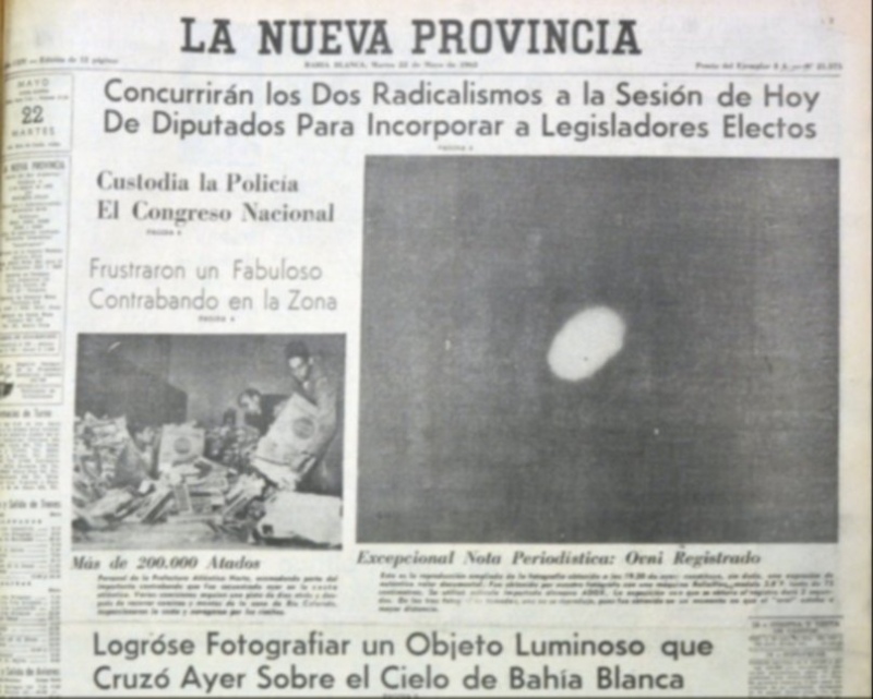  La imagen del OVNI del 21 de mayo de 1962 en la tapa de La Nueva Provincia