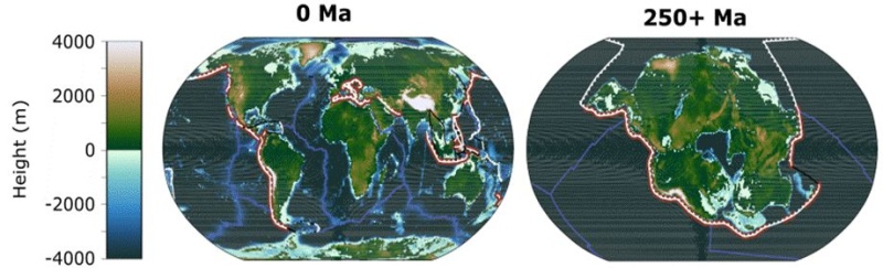  La imagen muestra la geografía de la Tierra actual y la geografía proyectada de la Tierra dentro de 250 millones de años, cuando todos los continentes converjan en un supercontinente (Pangea Ultima)/ Universidad de Bristol