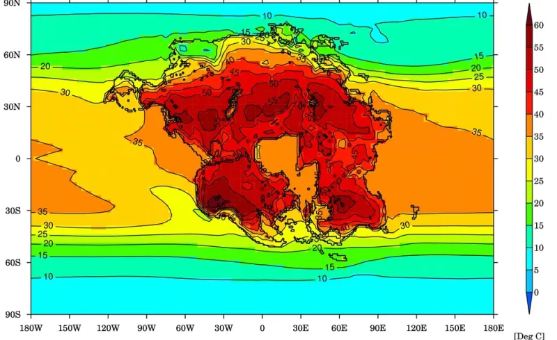  Esta imagen muestra la temperatura promedio mensual más cálida para la Tierra y el supercontinente proyectado en 250 millones de años, cuando sería difícil que sobrevivan los mamíferos (Universidad de Bristol)