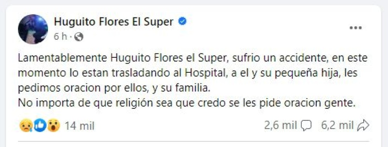  La publicación en el perfil oficial de Facebook de Huguito Flores