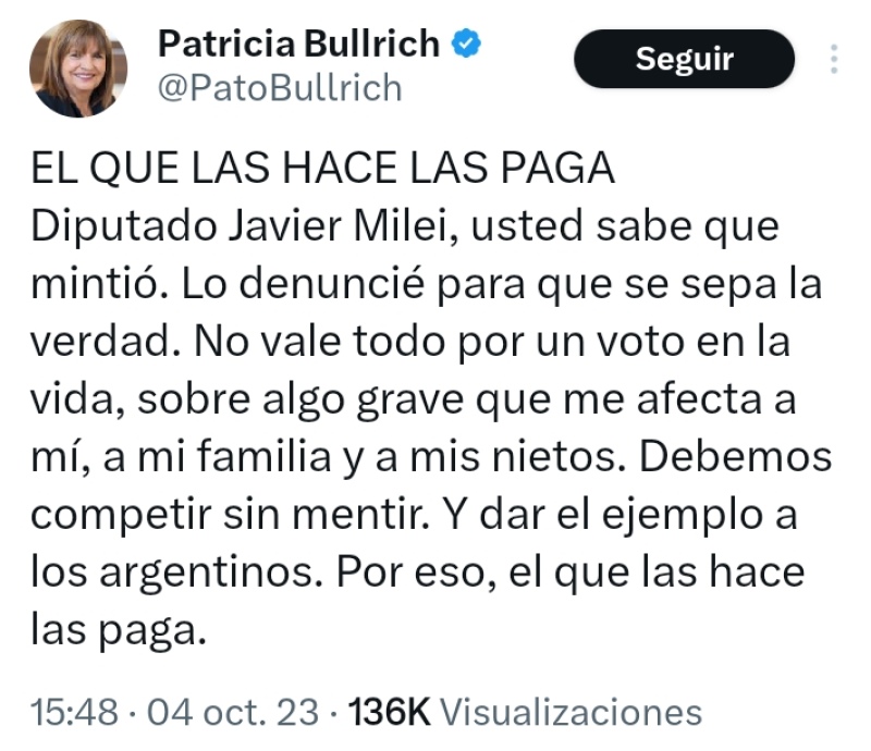 Patricia Bullrich denunció a Javier Milei por tildarla de “montonera tirabombas”: “El que las hace las paga”