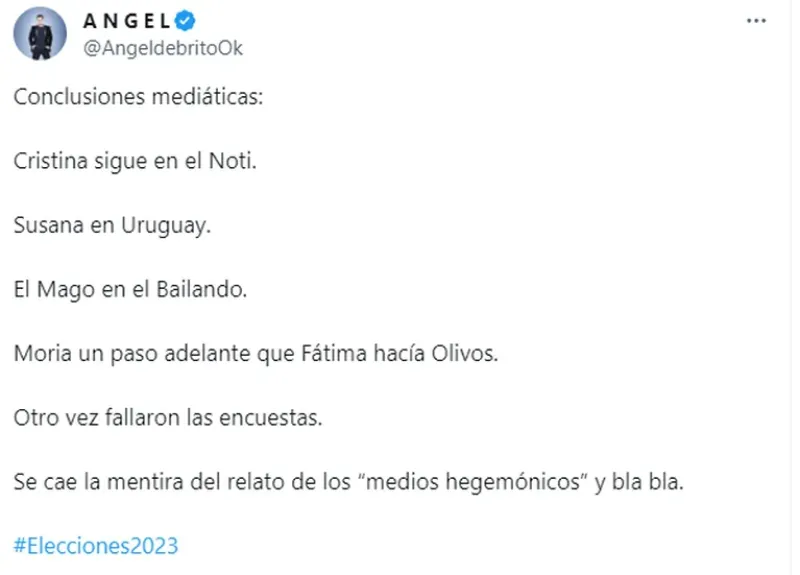  Angel De Brito opinó sobre el resultado de las elecciones. (Foto: Twitter / angeldebritook)