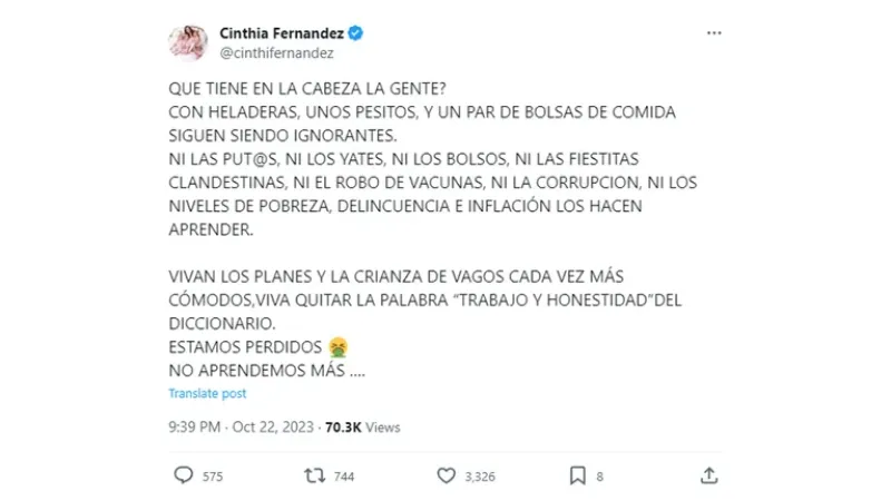  Cinthia Fernández se expresó en redes tras los primeros resultados oficiales (X / cinthifernandez)