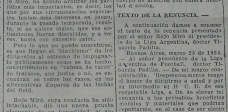   La renuncia de Alberto Rojo Miró, en marzo de 1934, publicada por el diario La República.