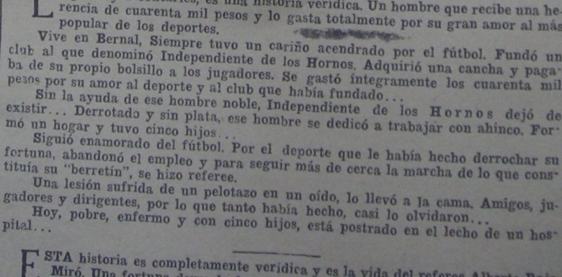   Un amigo de Alberto Rojo Miró contó la pasión del árbitro con el fútbol y su desgracia. La noticia se publicó en la revista La Cancha en 1934.