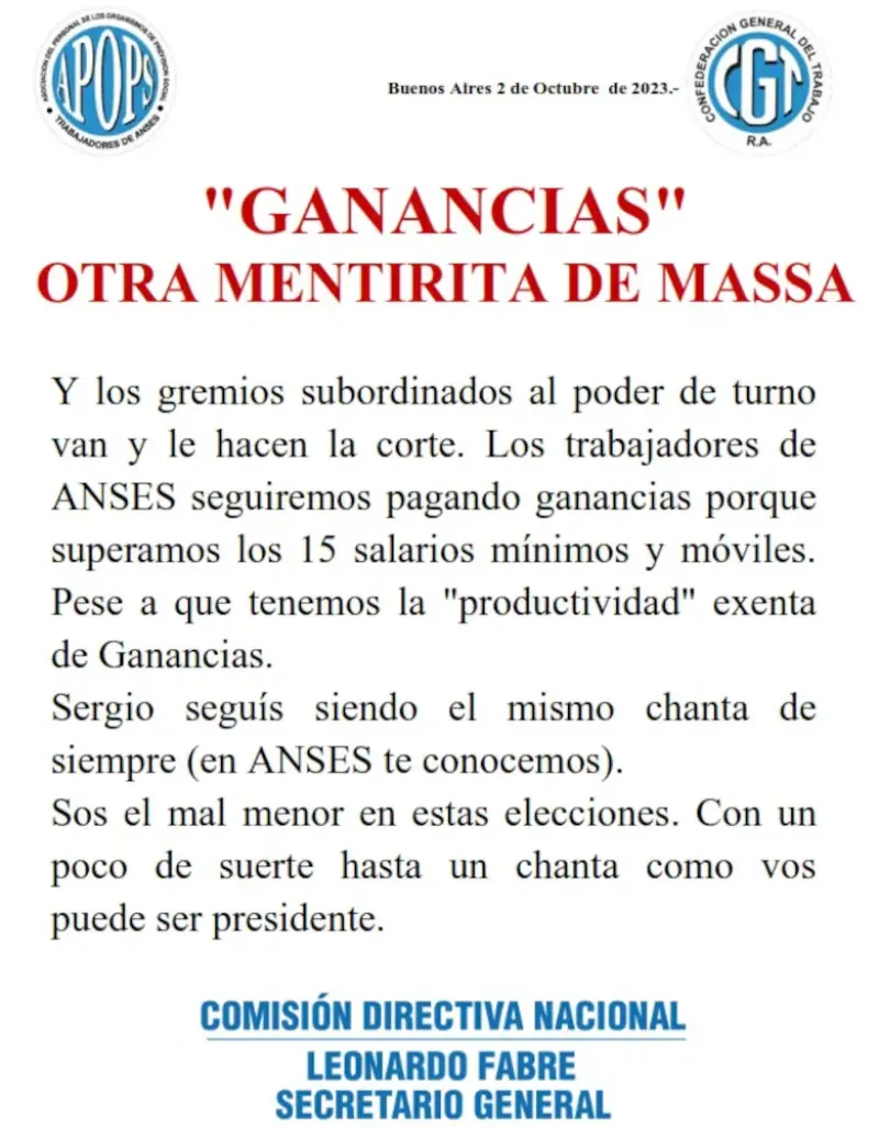 El comunicado del gremio de la Anses y un enérgico reclamo contra Massa por el impuesto a las Ganancias