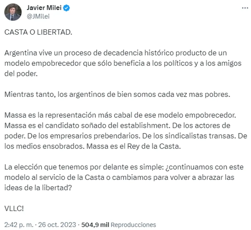 Javier Milei fulminó a Massa en las redes: «Es el rey de la casta»