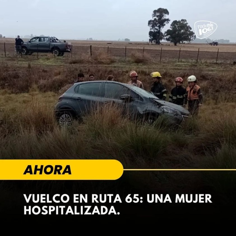 Vuelco en Ruta 65. Una mujer debió ser hospitalizada y está siendo evaluada.