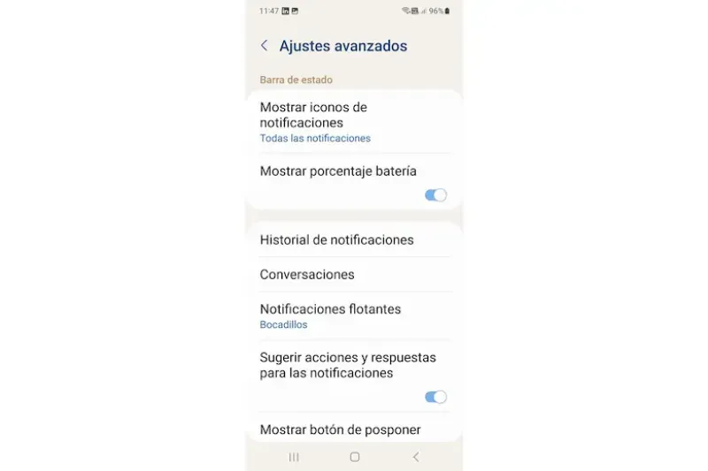 Los Ajustes avanzados; aquí podés activar que se muestre el porcentaje de la batería y que aparezca el botón posponerAriel Torres