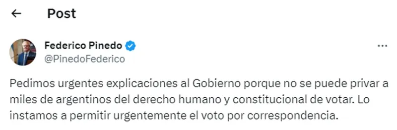 El tuit de Federico Pinedo sobre la decisión del Gobieno nacional. (Foto: X @PinedoFederico)