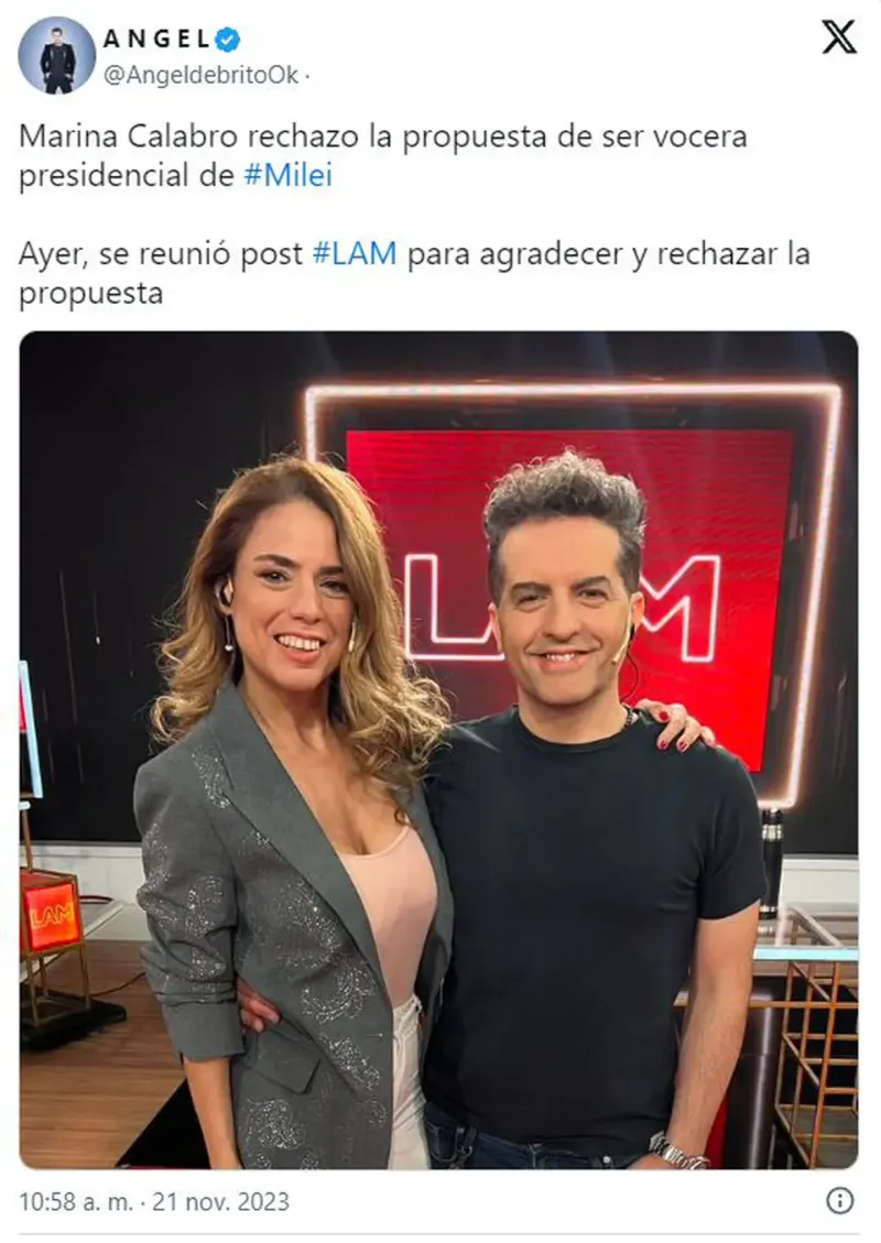 El tuit con el que Ángel de Brito había comunicado que Marina Calabró había rechazado la propuesta para ser la vocera de Javier Milei (Foto: Captura Twitter).