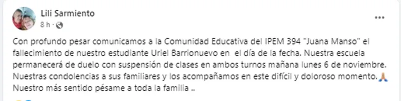 El comunicado de la escuela a la que iba Uriel Barrionuevo, uno de los jóvenes que murió en la tragedia. (Foto: Facebook).