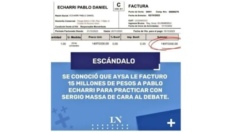  La falsa factura que le atribuyeron en las redes sociales a Pablo Echarri. Foto: Captura Instagram.