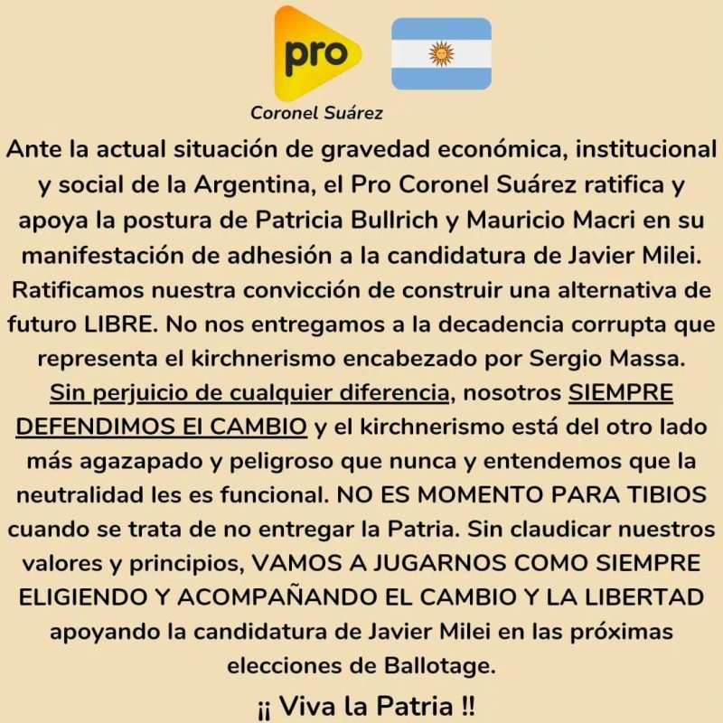 Comunicado del PRO Coronel Suárez