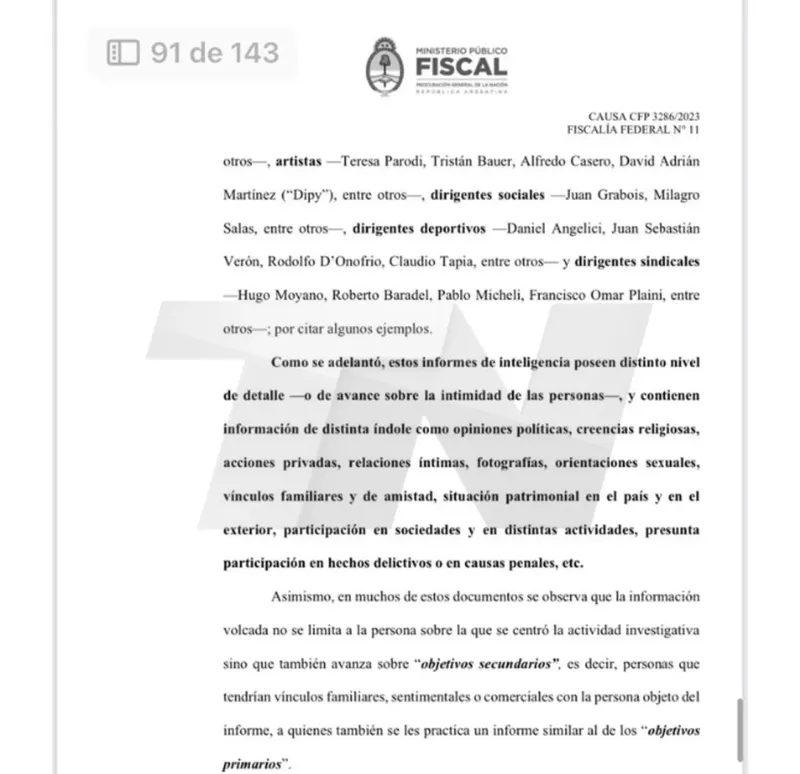 La lista de espiados por Ariel Zanchetta. (Foto: TN)