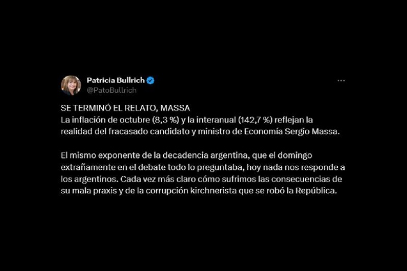 El posteo de Patricia Bullrich tras conocer el número de inflación para el mes de octubreCaptura de Pantalla