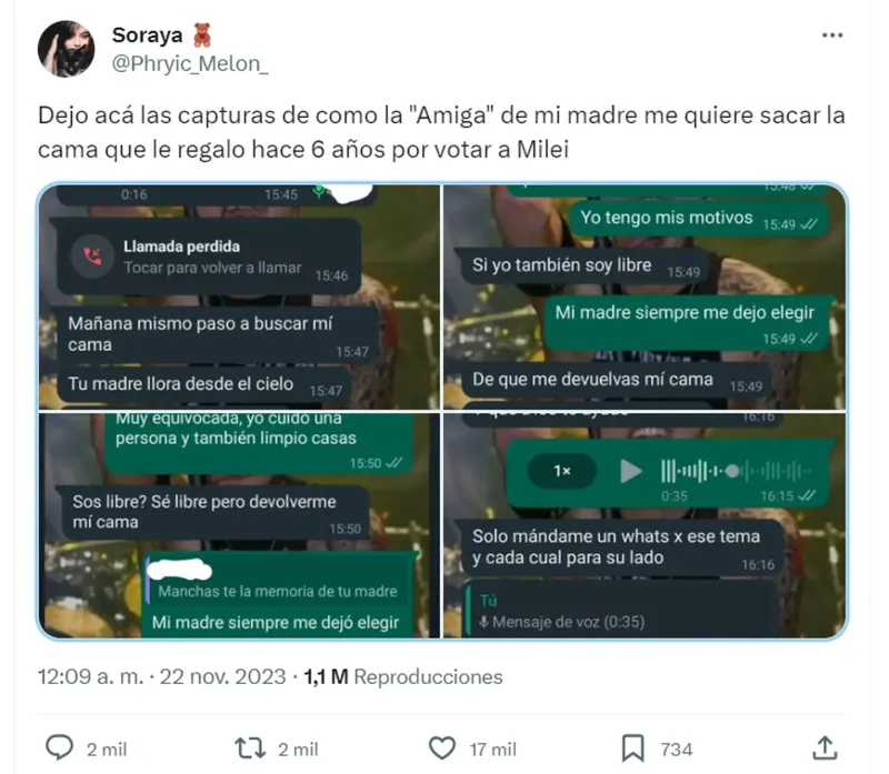 La joven compartió las capturas de la conversación de WhatsApp en su red social. (Foto: X/@Phryic_Melon_)