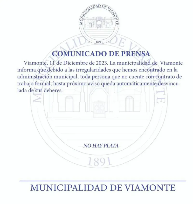 Comunicado de la municipalidad de Viamonte (Crédito: instagram/municipalidadviamonte).Por: Analia Kupersmit