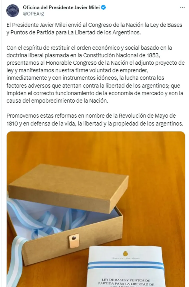 La Oficina del Presidente Electo confirmó que el Gobierno envió el proyecto de la Ley Ómnibus. (Foto: Twitter @OPEAarg)