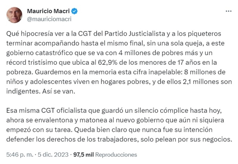 Mauricio Macri cruzó a la CGT y piqueteros por su “silencio cómplice” en “este Gobierno catastrófico”