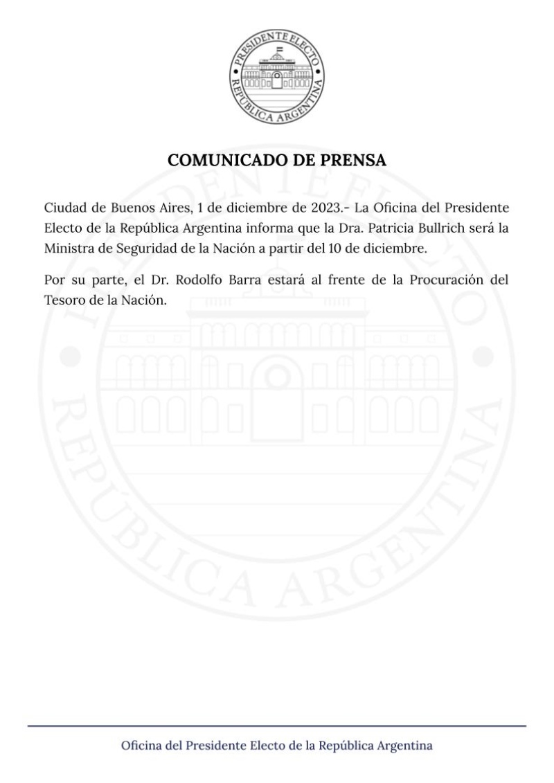 Milei confirmó a Patricia Bullrich como ministra de Seguridad